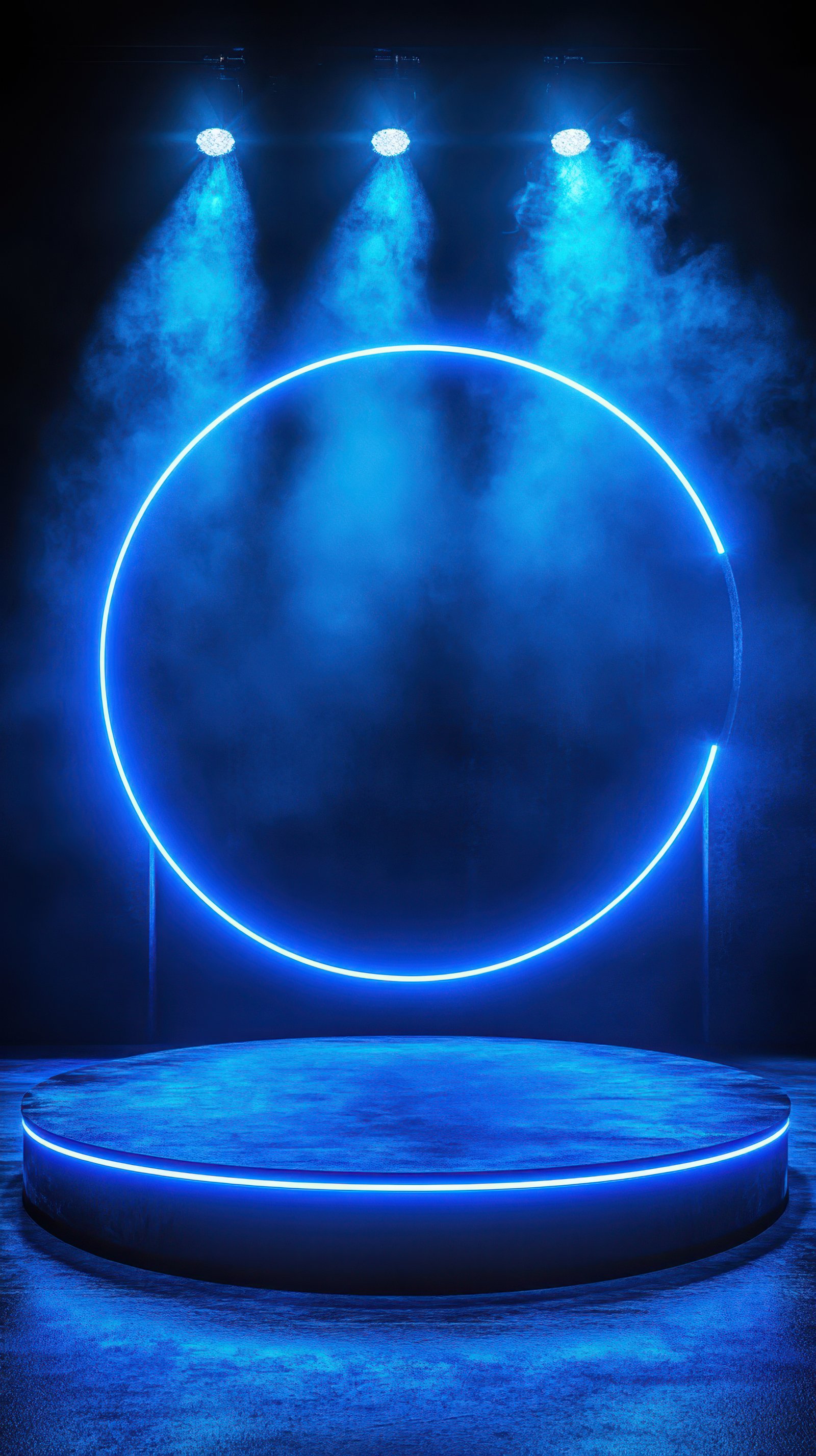 Bright blue neon stage with circular light fixture and fog effect creates a dramatic atmosphere for performances at night